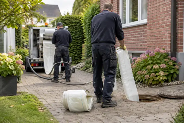 Vorbereitung eines harzgetränkten Schlauchliners an einem geöffneten Revisionsschacht im Garten eines Hamburger Wohnhauses.