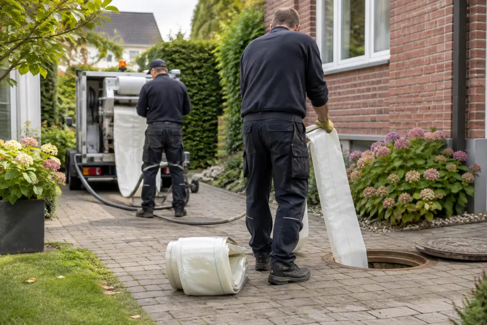 Vorbereitung eines harzgetränkten Schlauchliners an einem geöffneten Revisionsschacht im Garten eines Hamburger Wohnhauses.