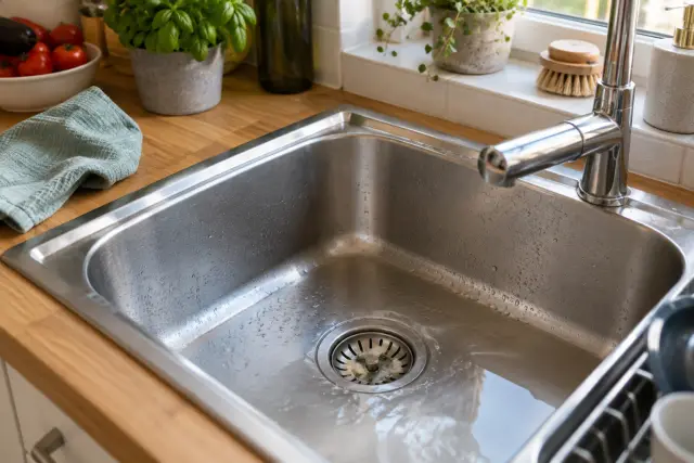 Küchenspüle mit langsam ablaufendem Wasser, herausnehmbarem Siebeinsatz und danebenliegendem Reinigungstuch.